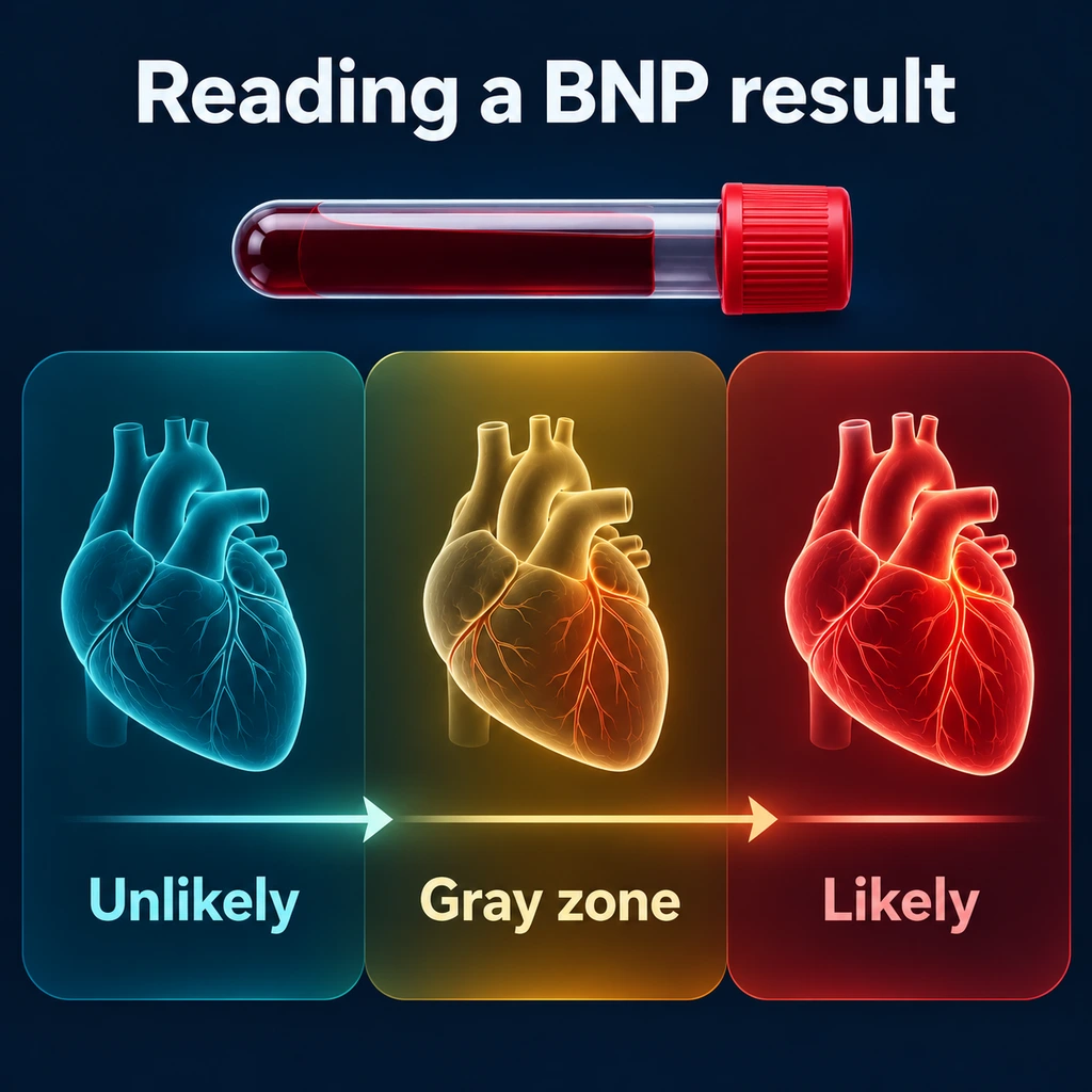 Infographic: BNP result zones from unlikely to likely heart failure