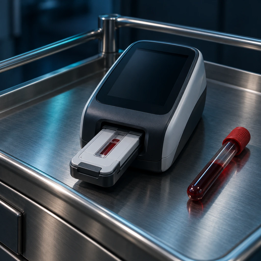 Handheld blood analyzer and blood tube on an emergency cart