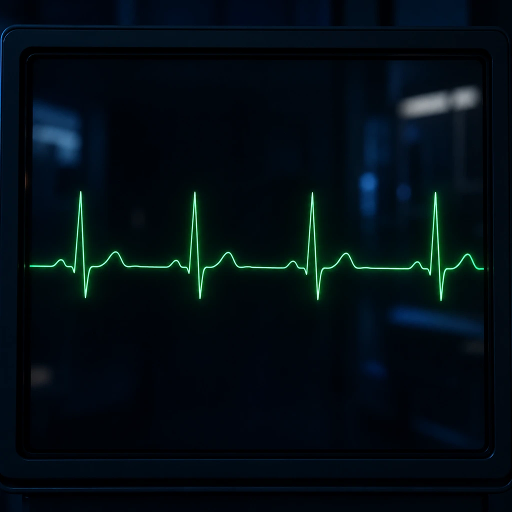 Heart monitor screen with a green heartbeat trace