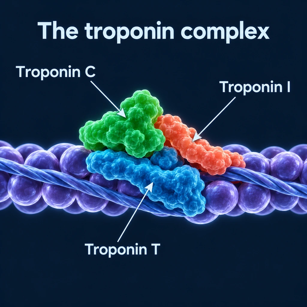 Infographic: three troponin subunits on a muscle filament
