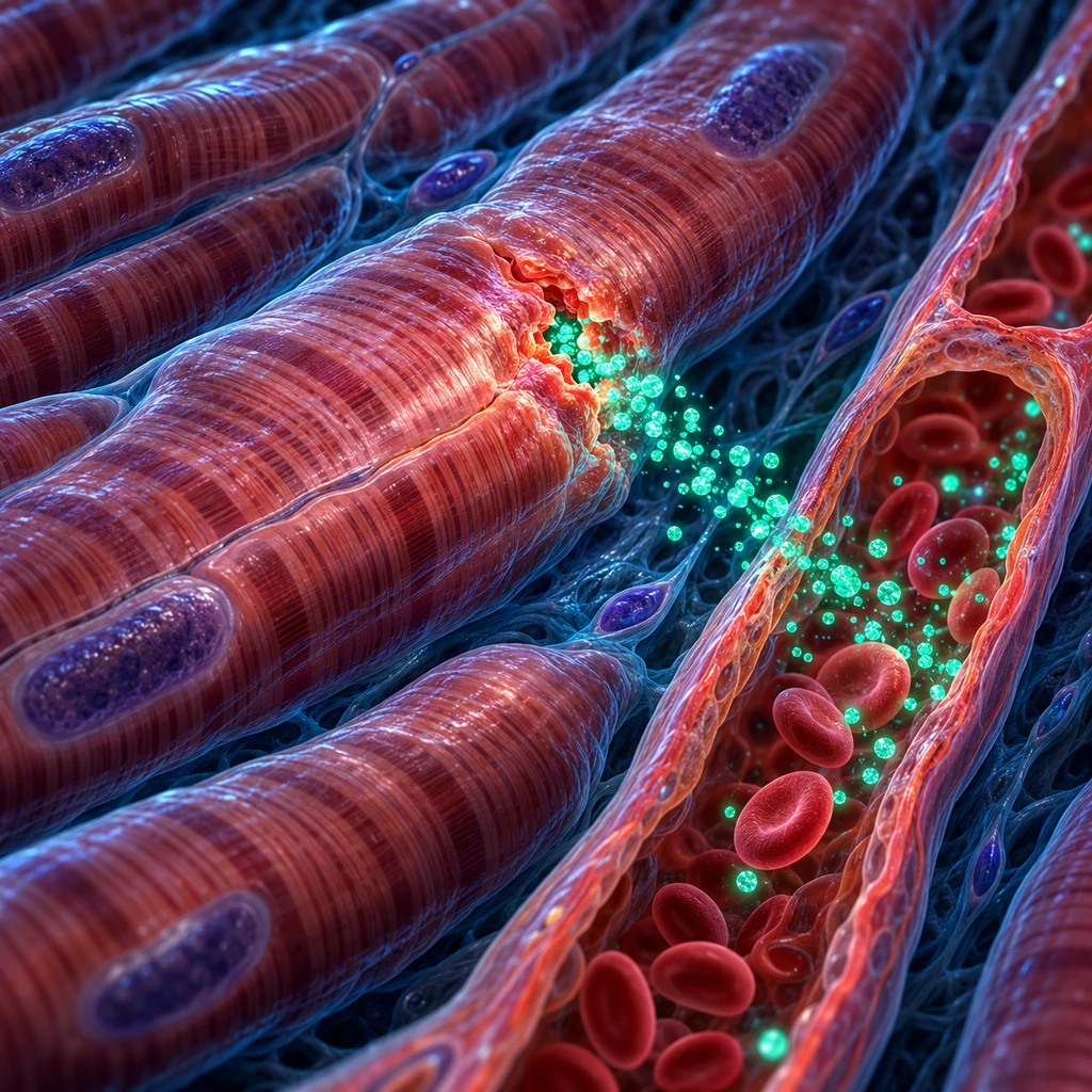 3D heart muscle cells leaking troponin into a capillary
