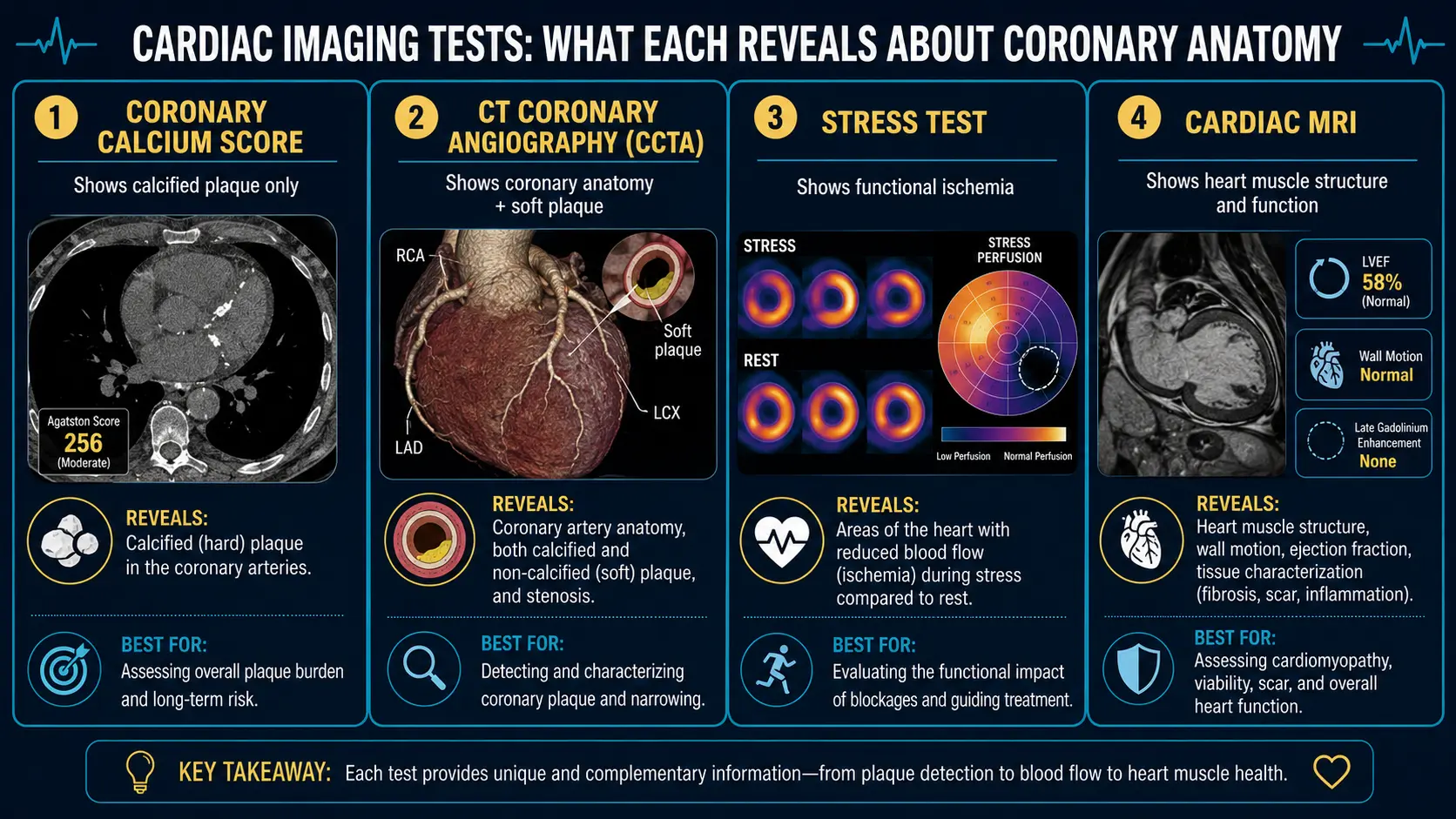 Four-panel cardiac imaging comparison (CAC, CTA, stress test, magnetic resonance imaging)