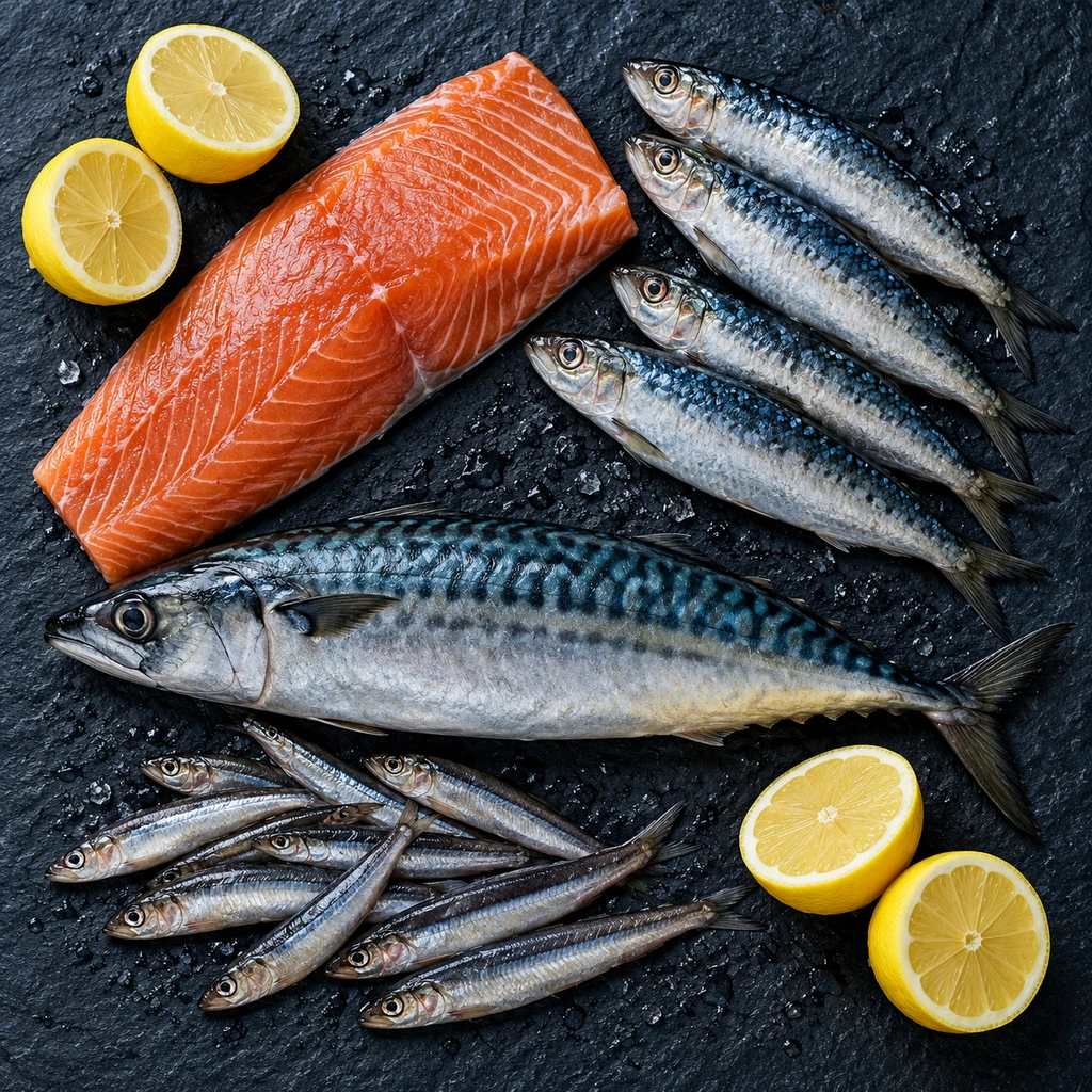 Salmon fillet, sardines, mackerel and anchovies on dark slate