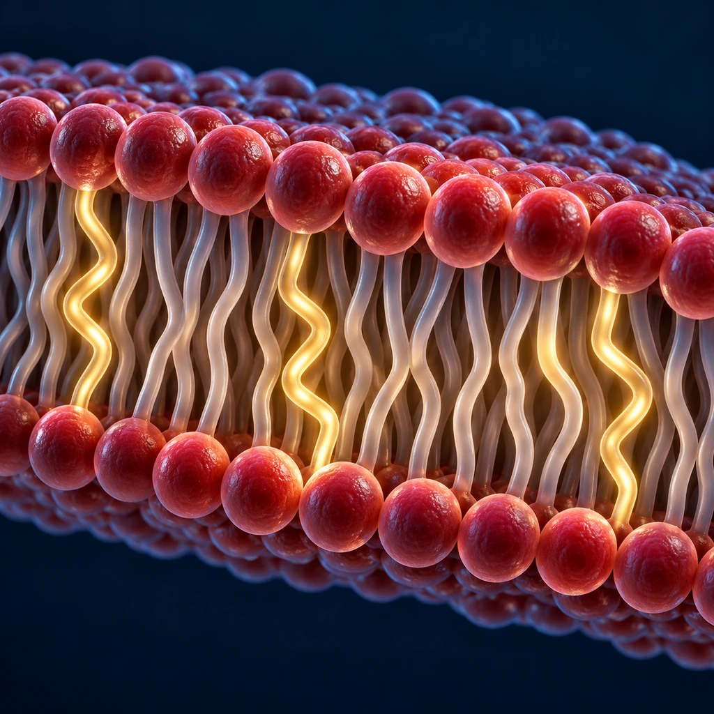 Cell membrane bilayer with kinked golden fatty acid chains