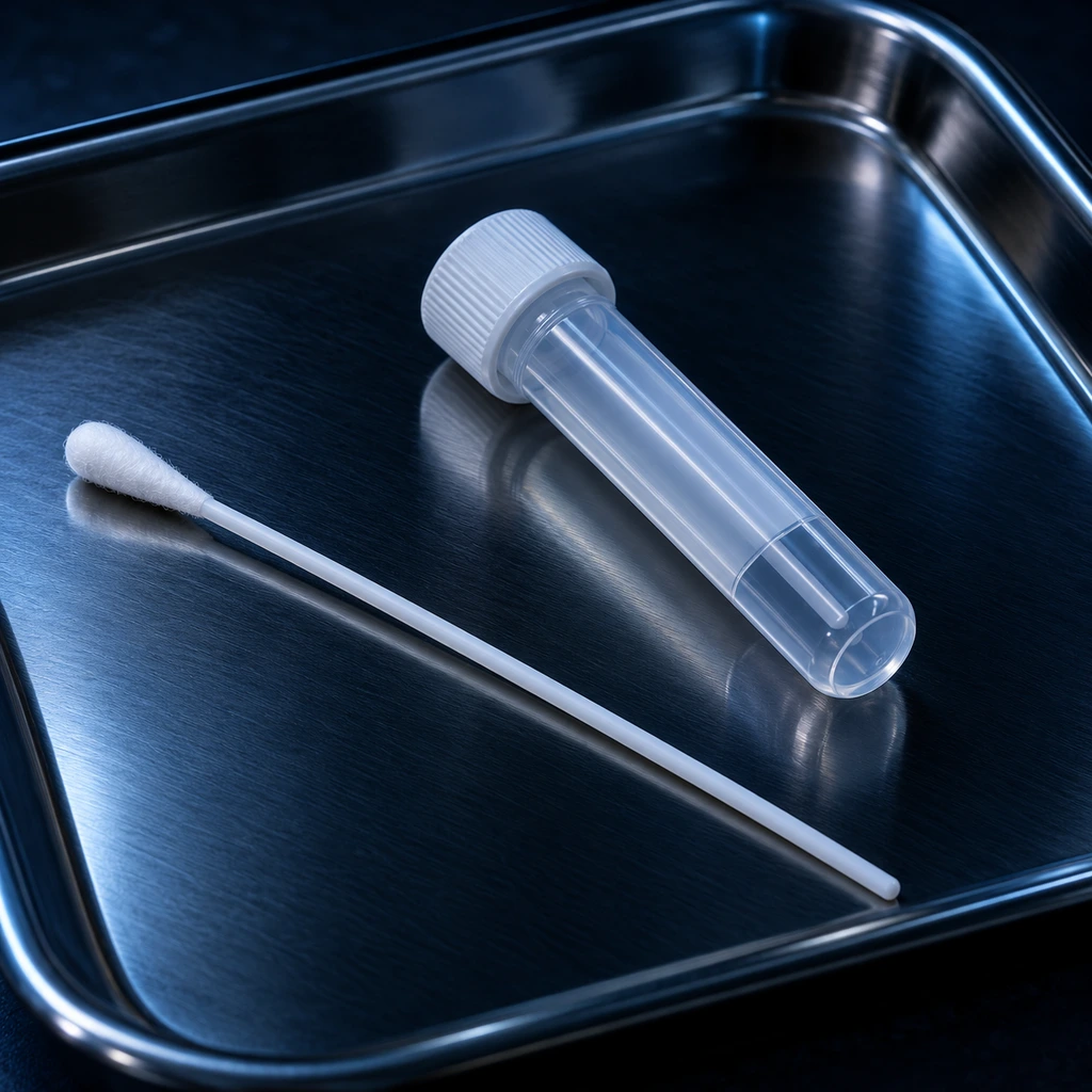 Cheek swab and sealed sample tube on a steel tray