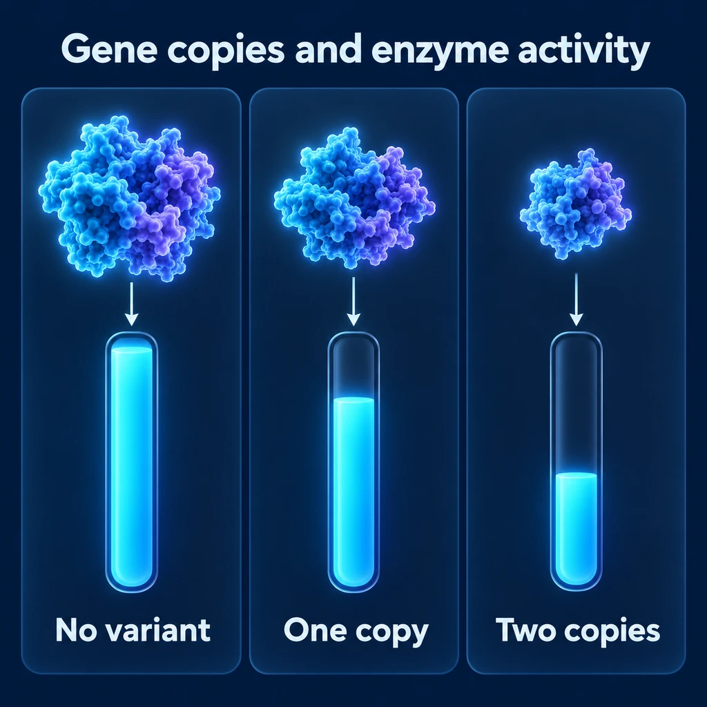 Infographic: enzyme activity falls with one and two variant copies
