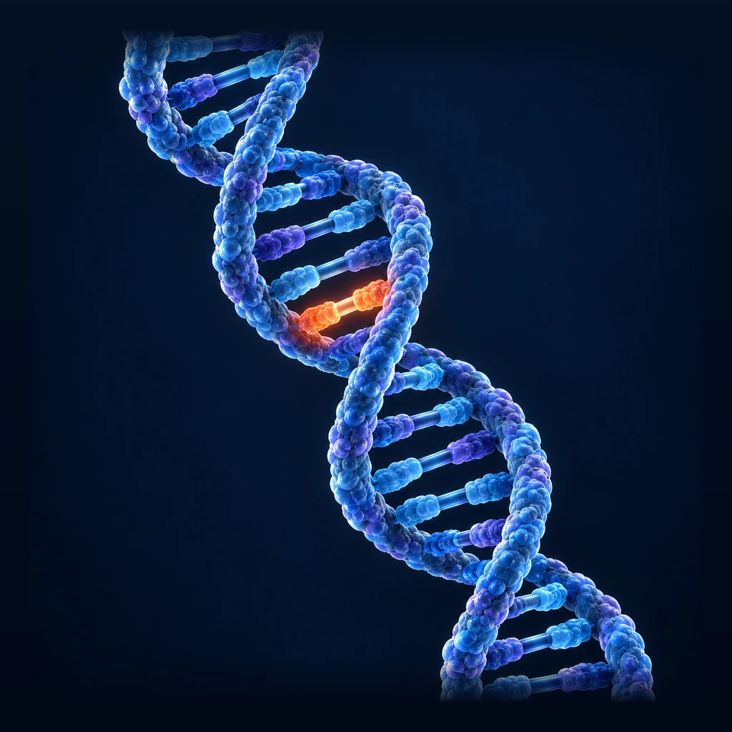 3D DNA double helix with one highlighted base pair