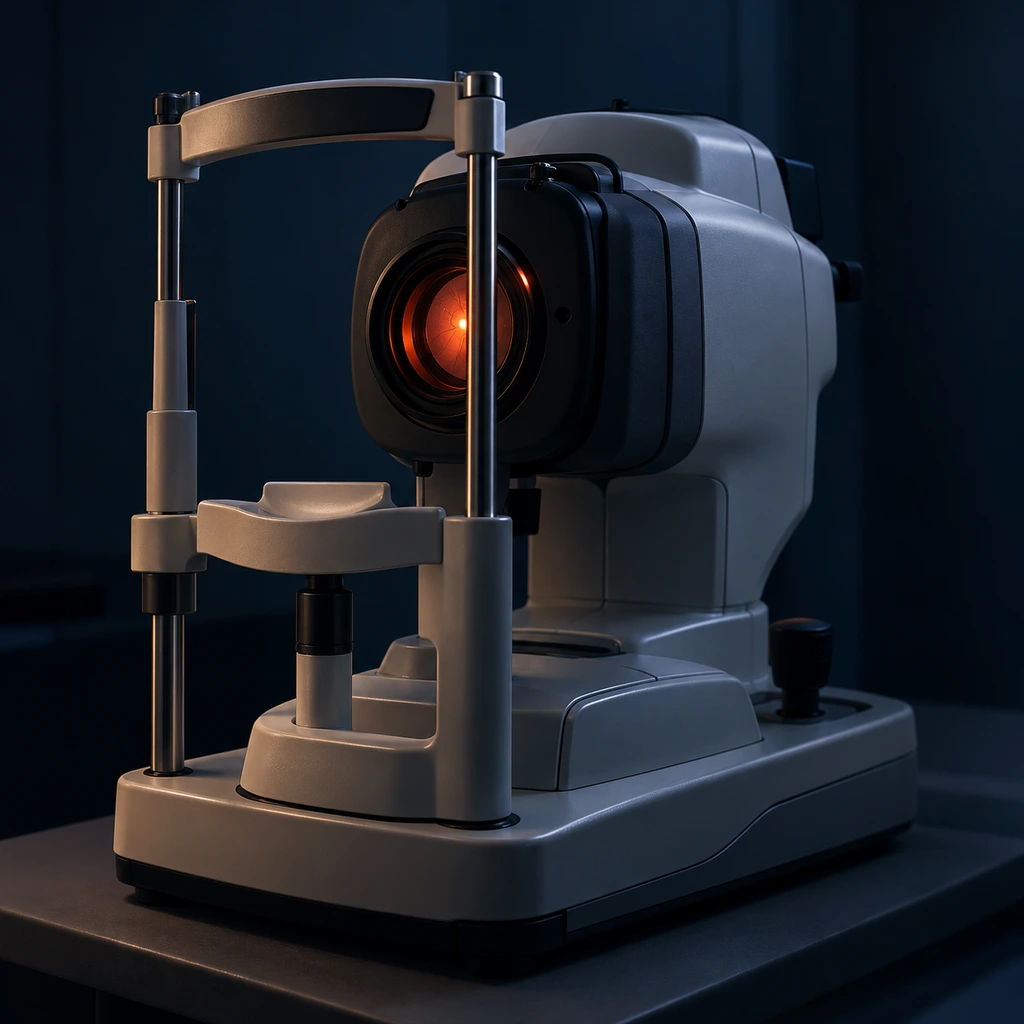 Retinal camera with chin rest in a dim eye clinic