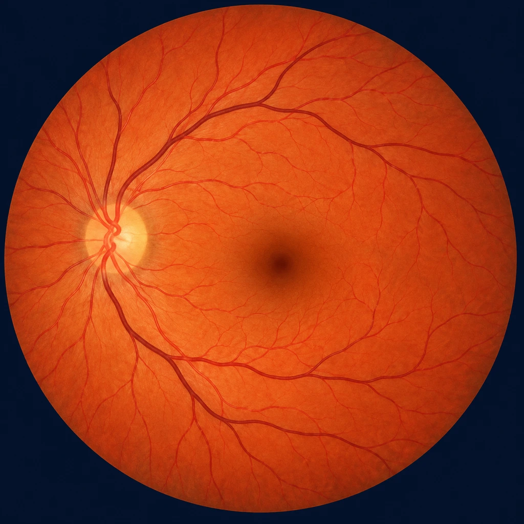 Retina view with optic disc and branching blood vessels