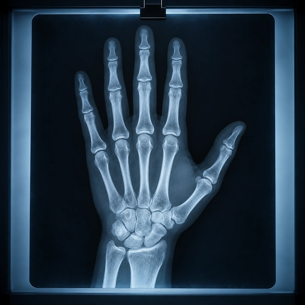 Backlit X-ray film of hand bones