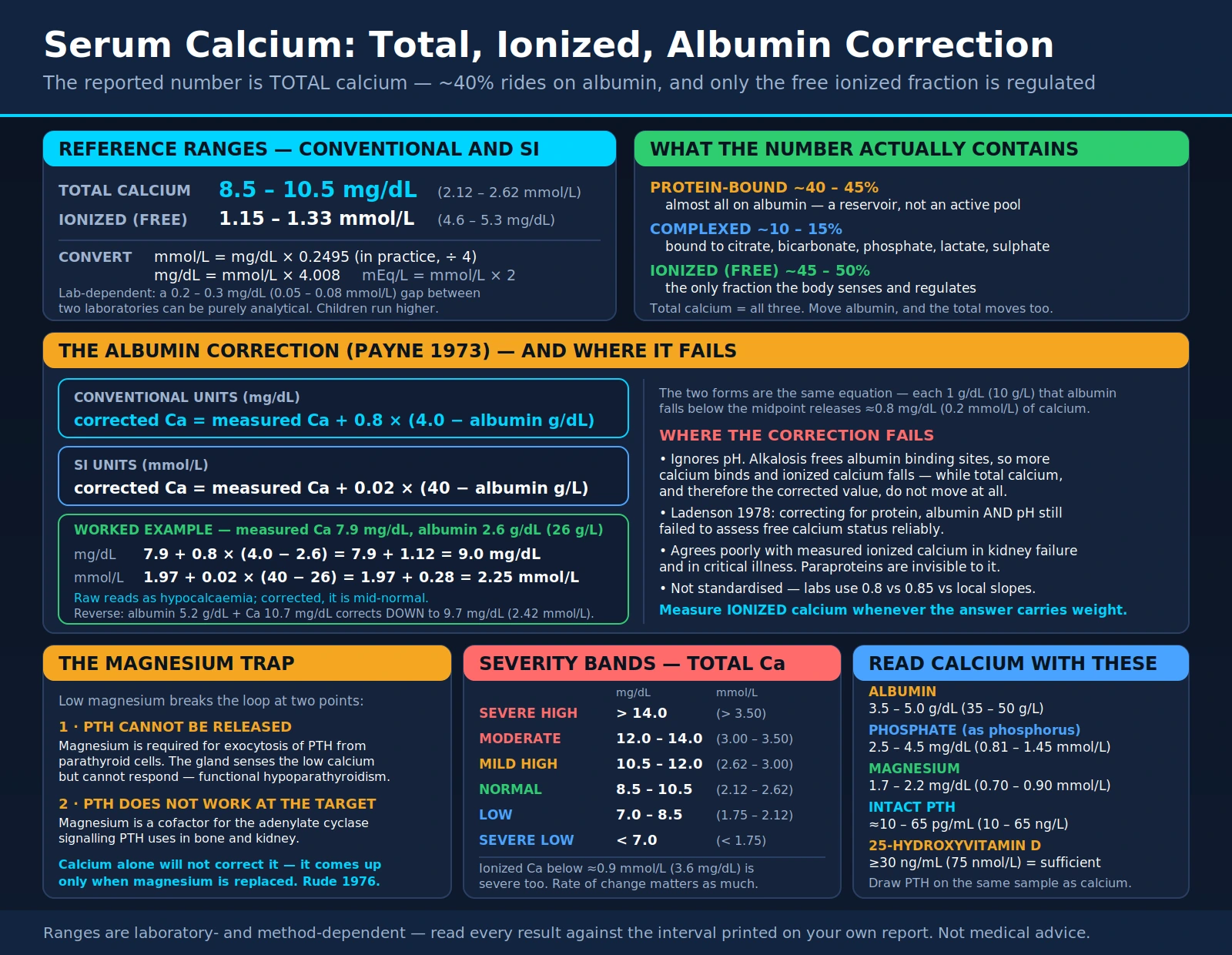 Serum Calcium Test: Total and Ionized Calcium, Albumin Correction, and Reference Ranges — scientific infographic poster