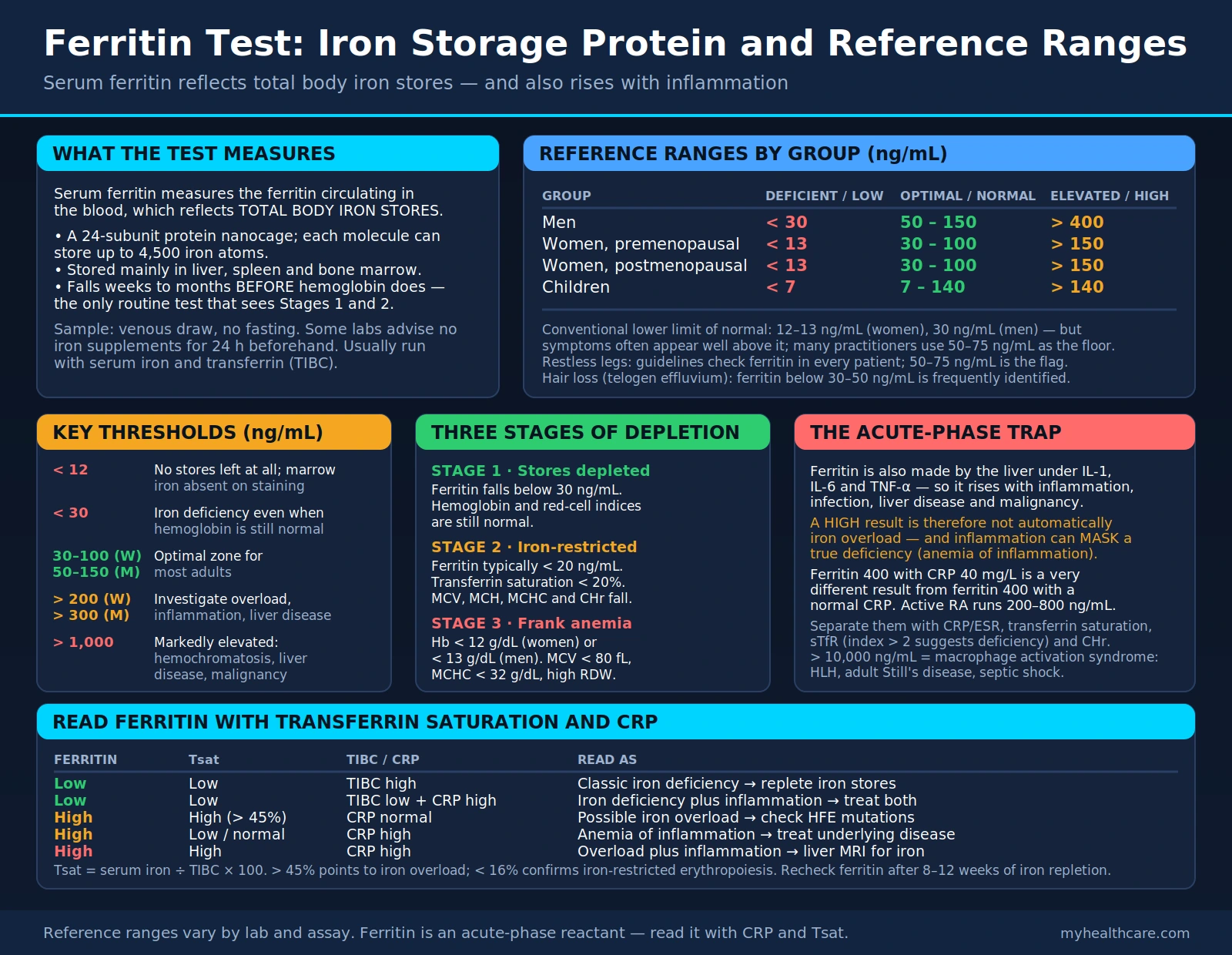 Ferritin Test: Iron Storage Protein and Reference Ranges — scientific infographic poster