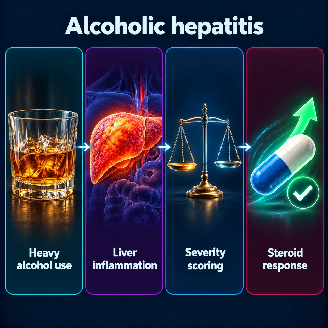 Infographic: heavy alcohol use, liver inflammation, severity scoring and steroid response