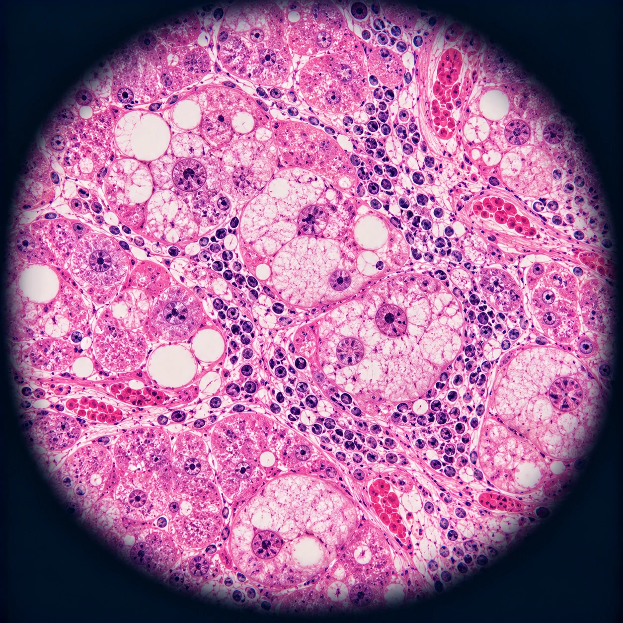 Histology view of liver tissue with ballooned cells and fat droplets