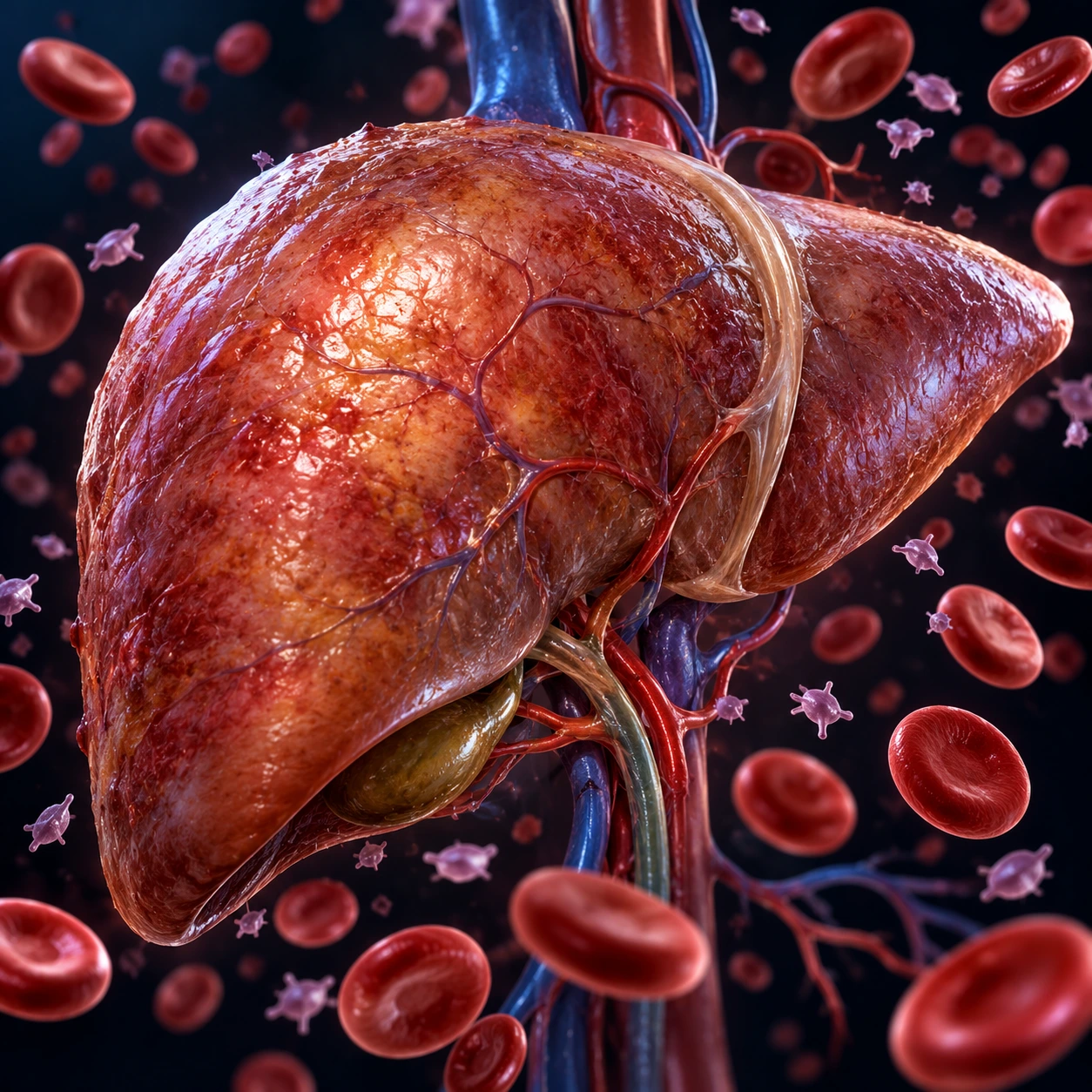 Illustration of a liver among red blood cells and platelets
