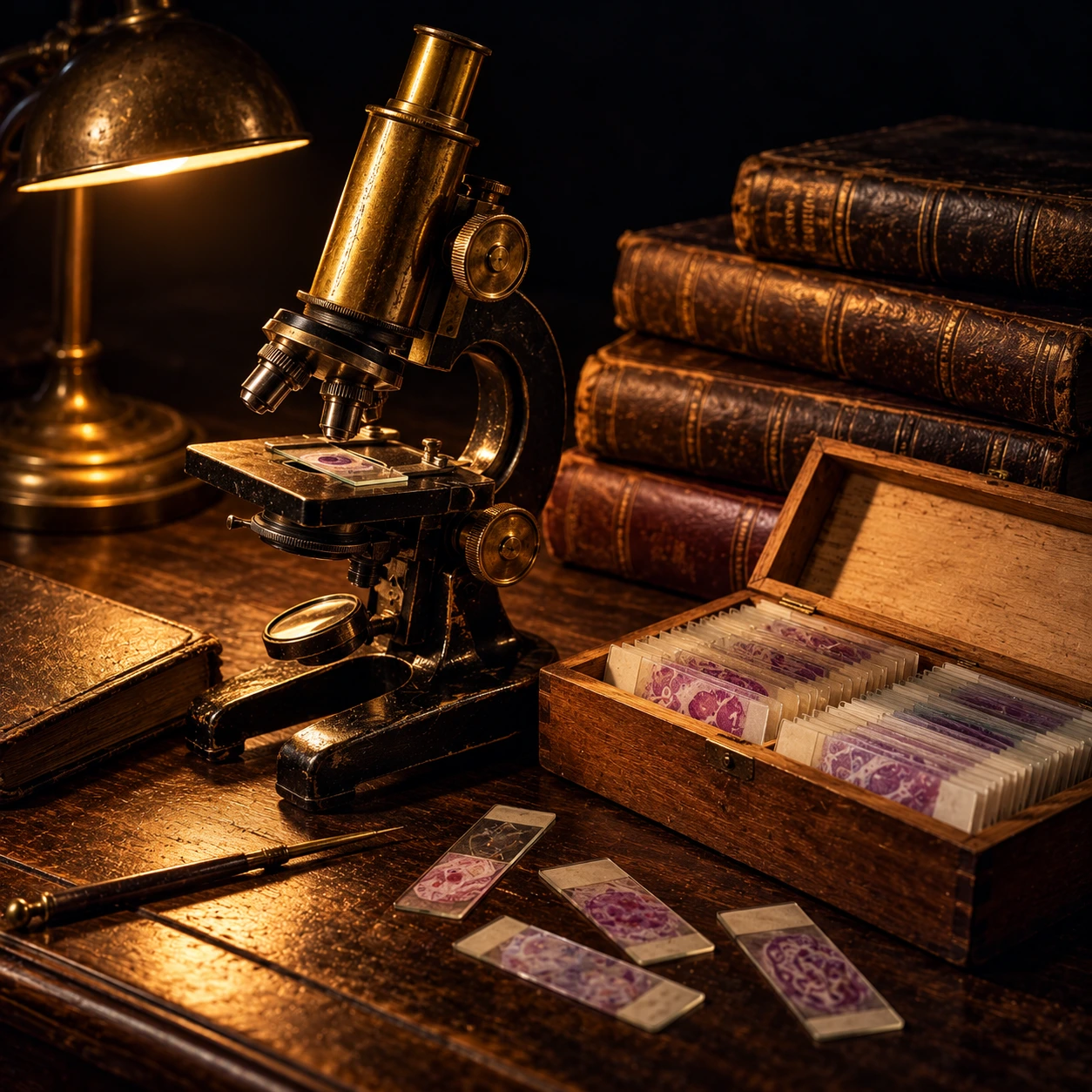 Vintage microscope with glass slides and old medical books