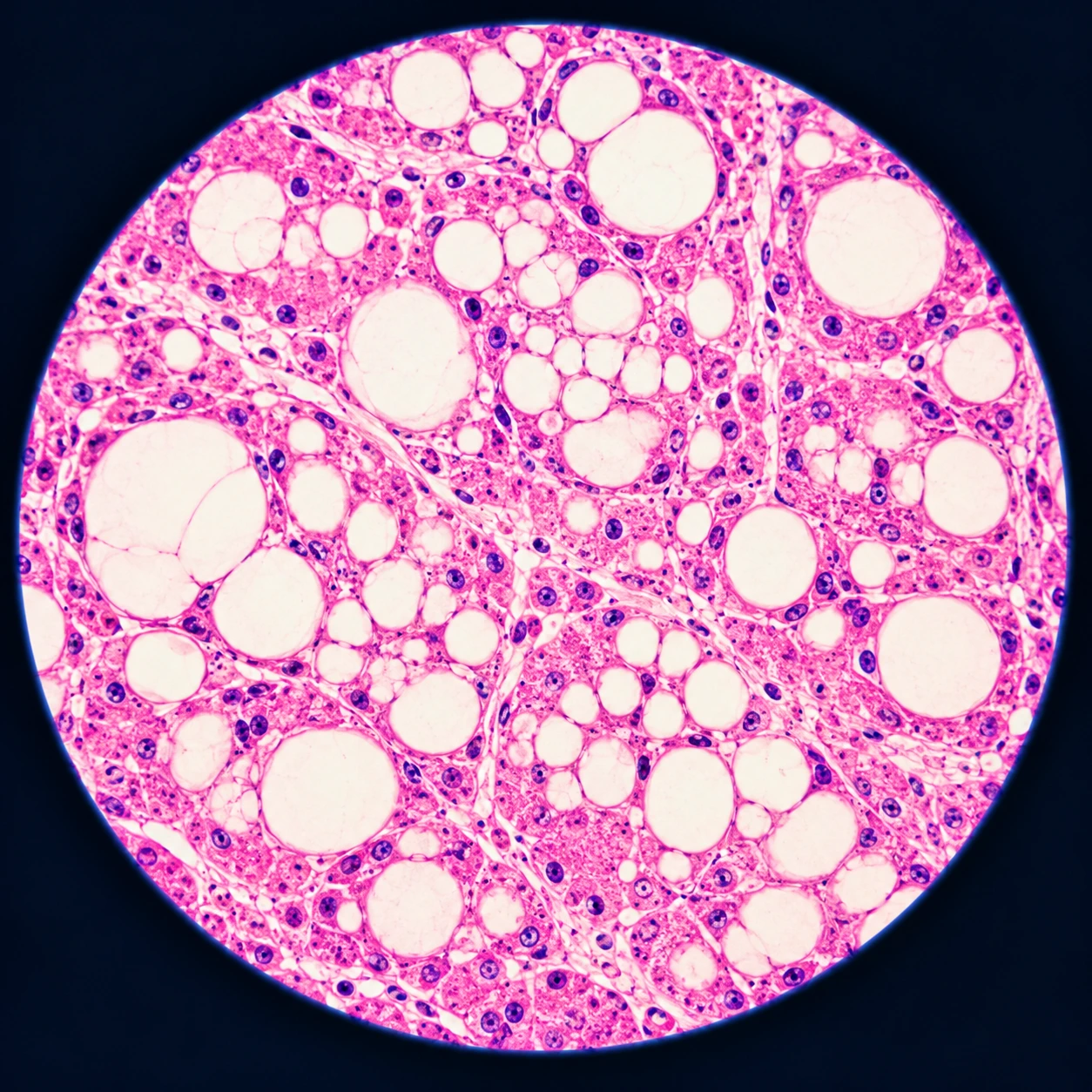 Histology view of liver cells filled with fat droplets