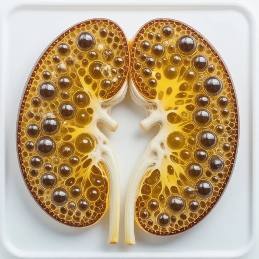 Cut open: cysts have replaced most kidney tissue