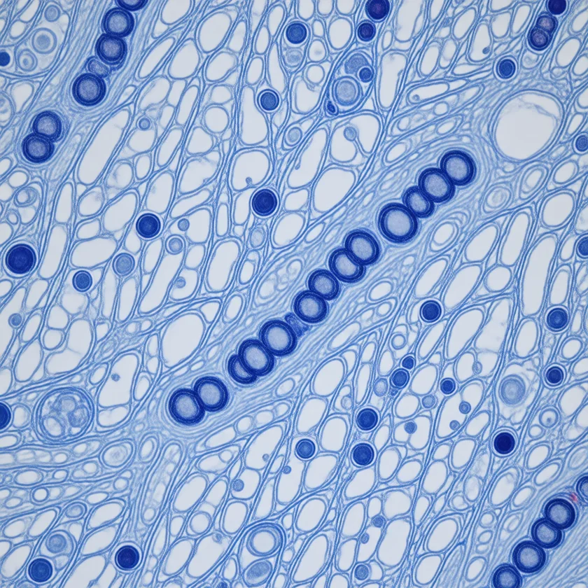 A healthy nerve, each fibre wrapped in myelin