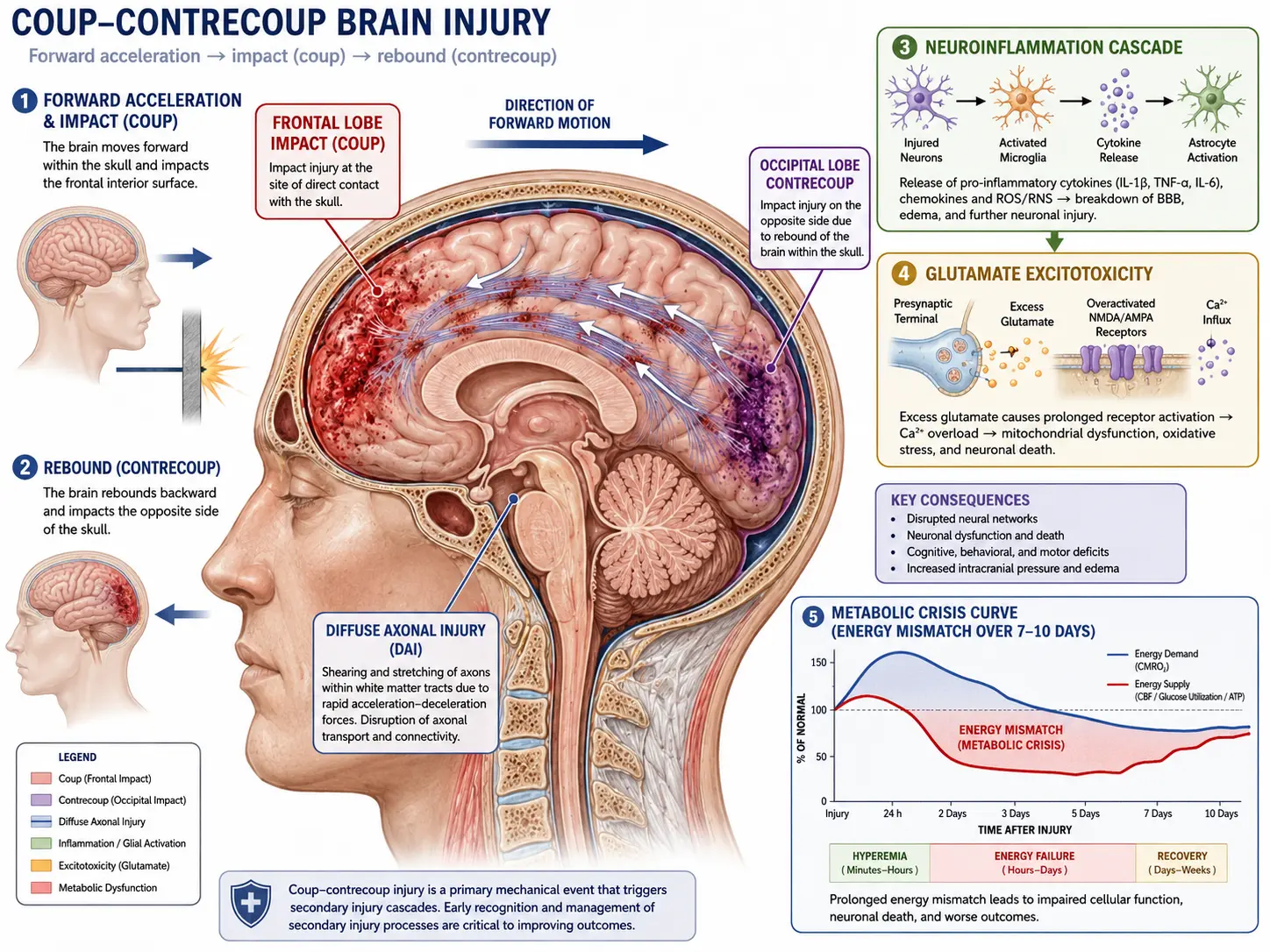 Concussion brain mechanism: coup-contrecoup injury, diffuse axonal shearing, metabolic crisis