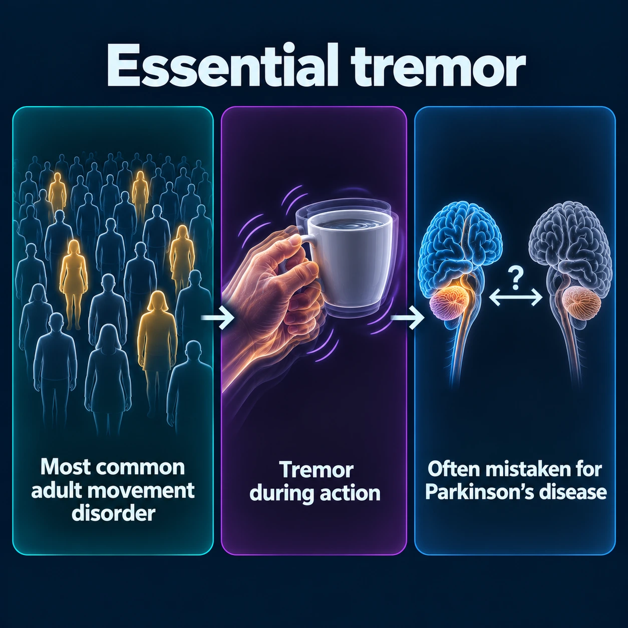 Infographic: most common adult movement disorder, tremor during action, often mistaken for Parkinson's disease