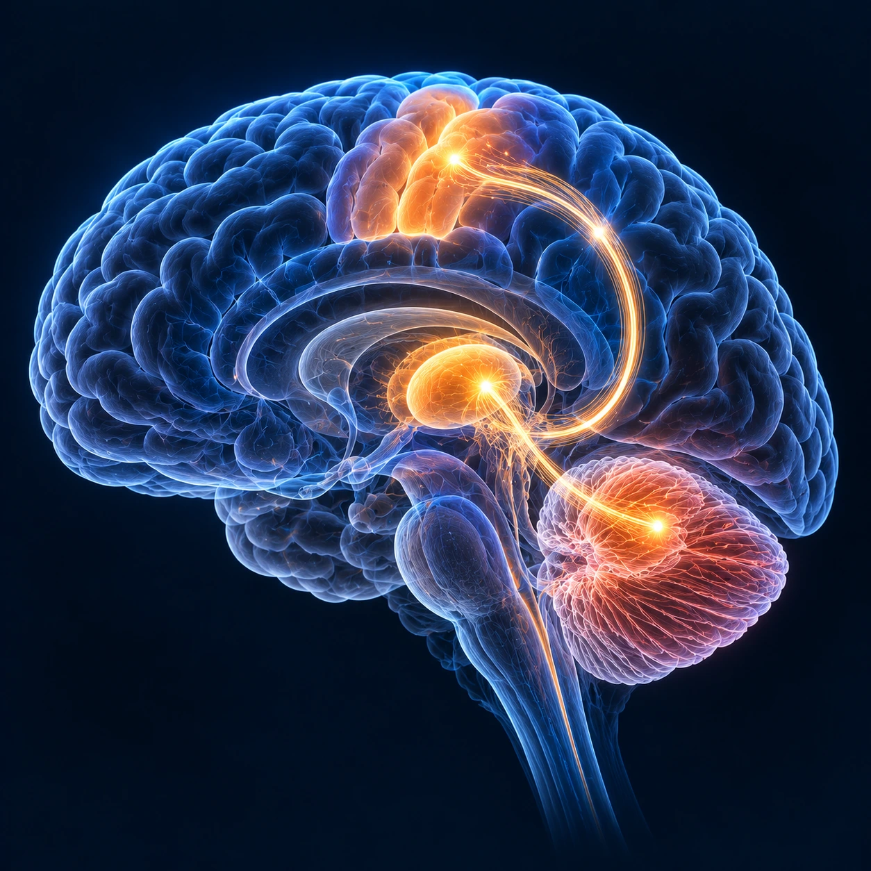 Illustration of the brain circuit linking cerebellum, thalamus and cortex