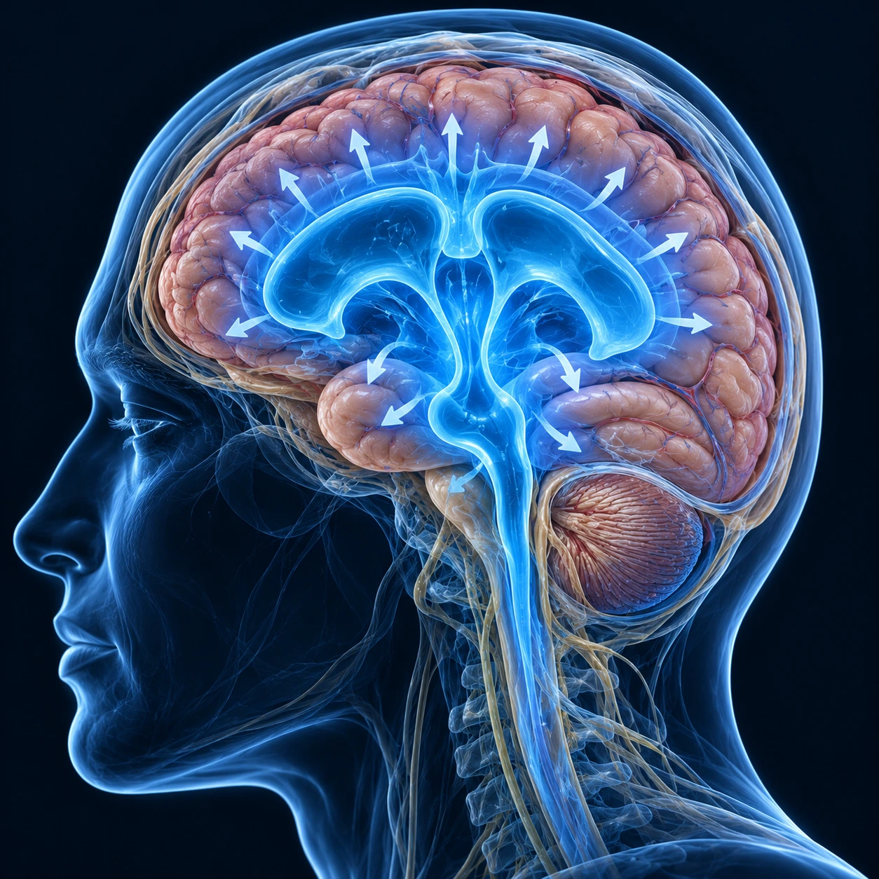 Illustration of the brain and fluid spaces under raised pressure