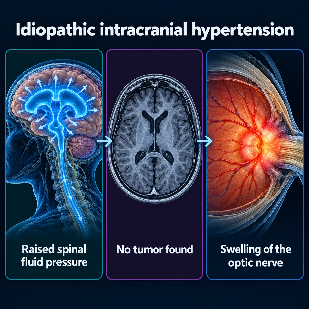 Infographic: raised spinal fluid pressure, no tumor found, swelling of the optic nerve