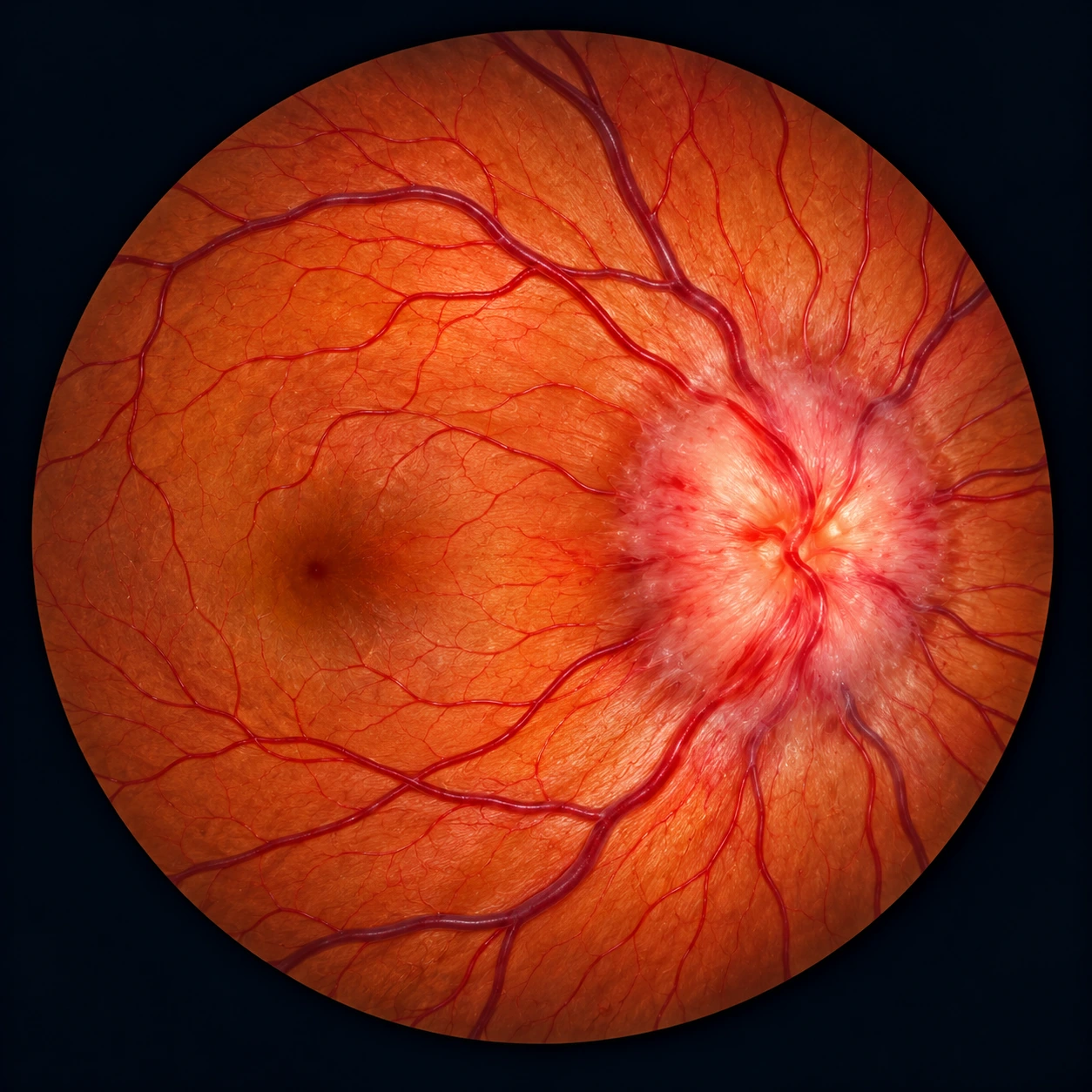 Retinal photograph of a swollen optic disc