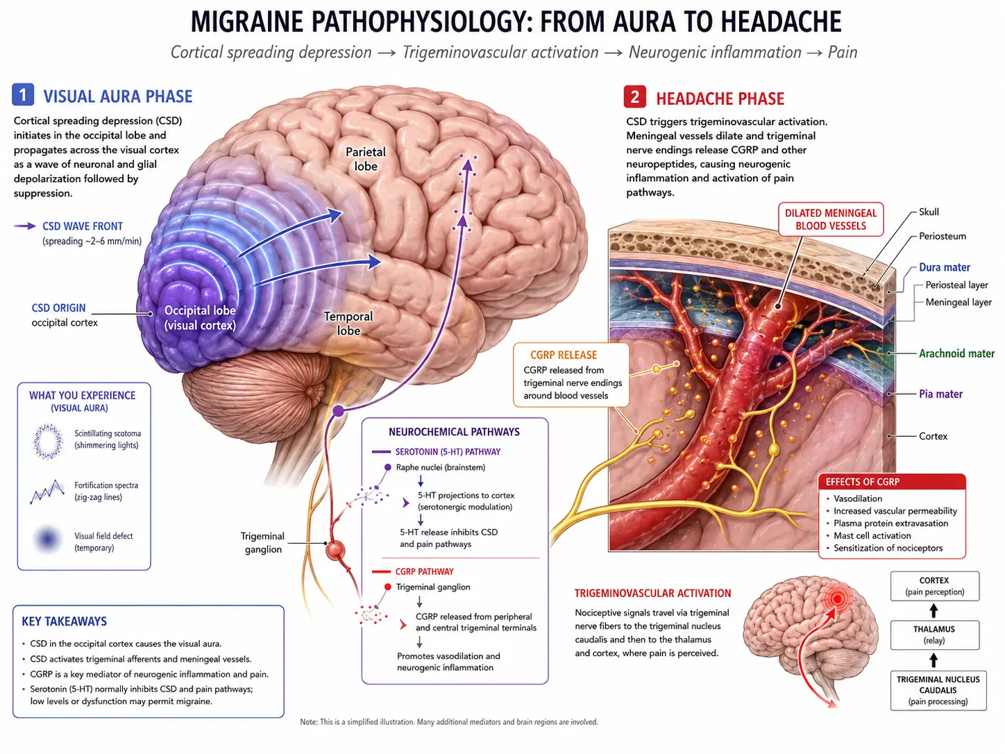 Migraine cortical spreading depression: visual aura wave and trigeminovascular activation