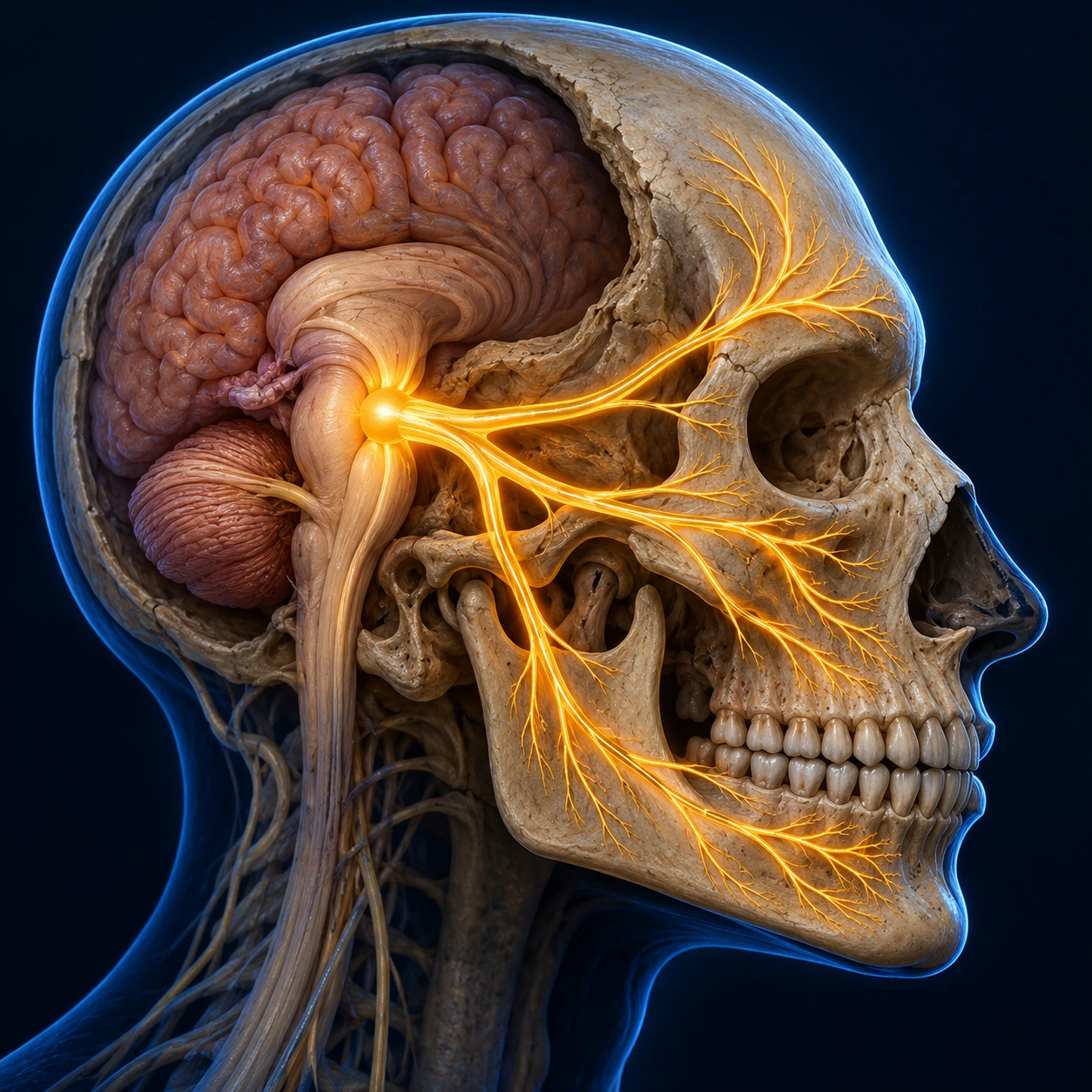 Skull model with the three branches of the trigeminal nerve