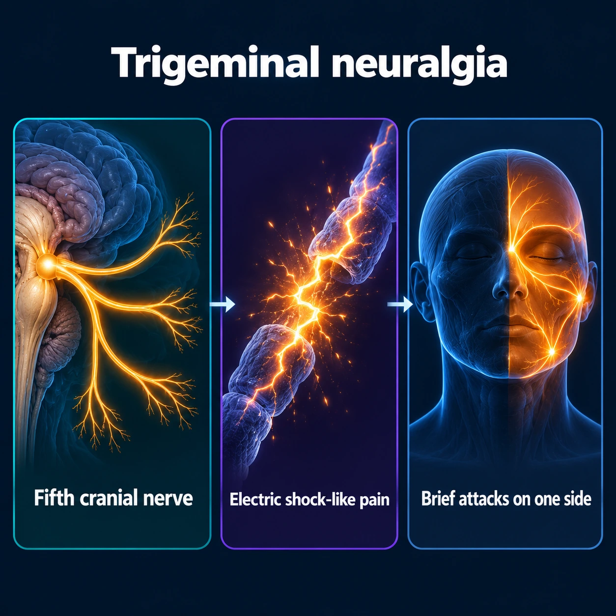 Infographic: fifth cranial nerve, electric shock-like pain, brief attacks on one side