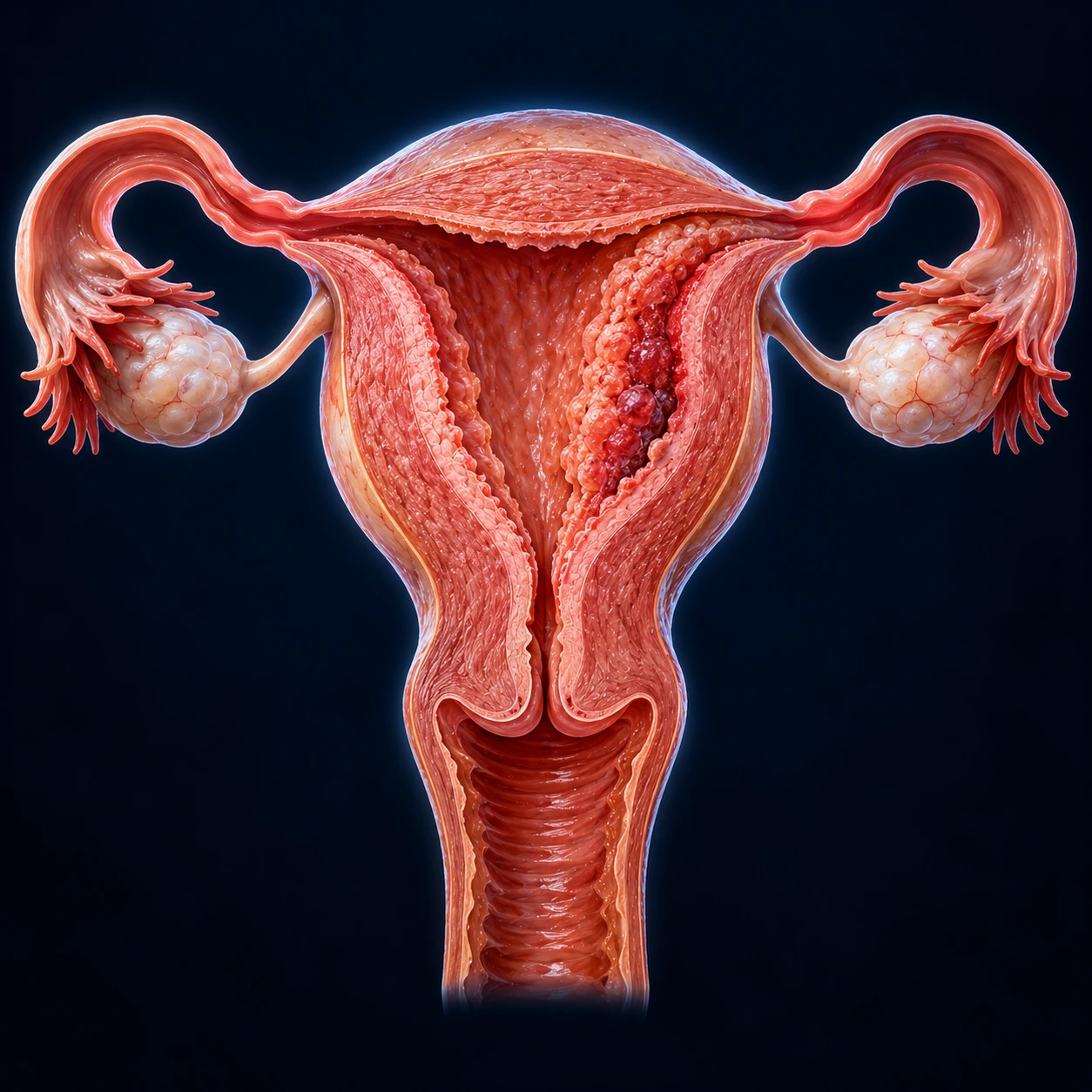 Cut-away illustration of the uterus with a thickened area of lining