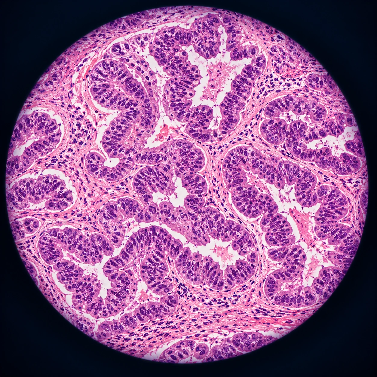 Histology view of crowded glands in uterine lining tissue