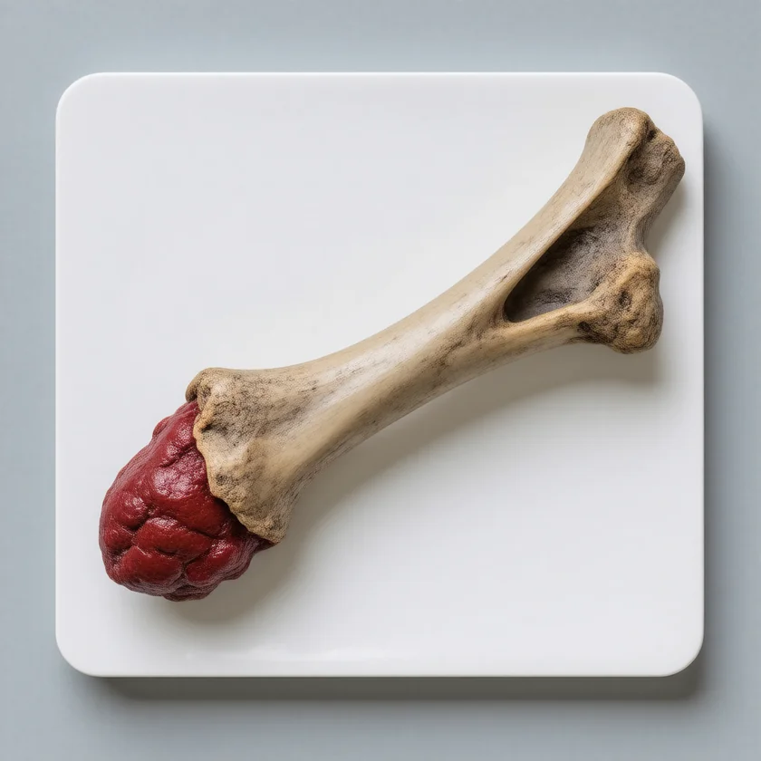 A tumour hollowing the end of the thigh bone