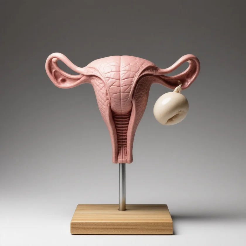 The uterus, tubes and ovaries, one ovary enlarged by a tumour