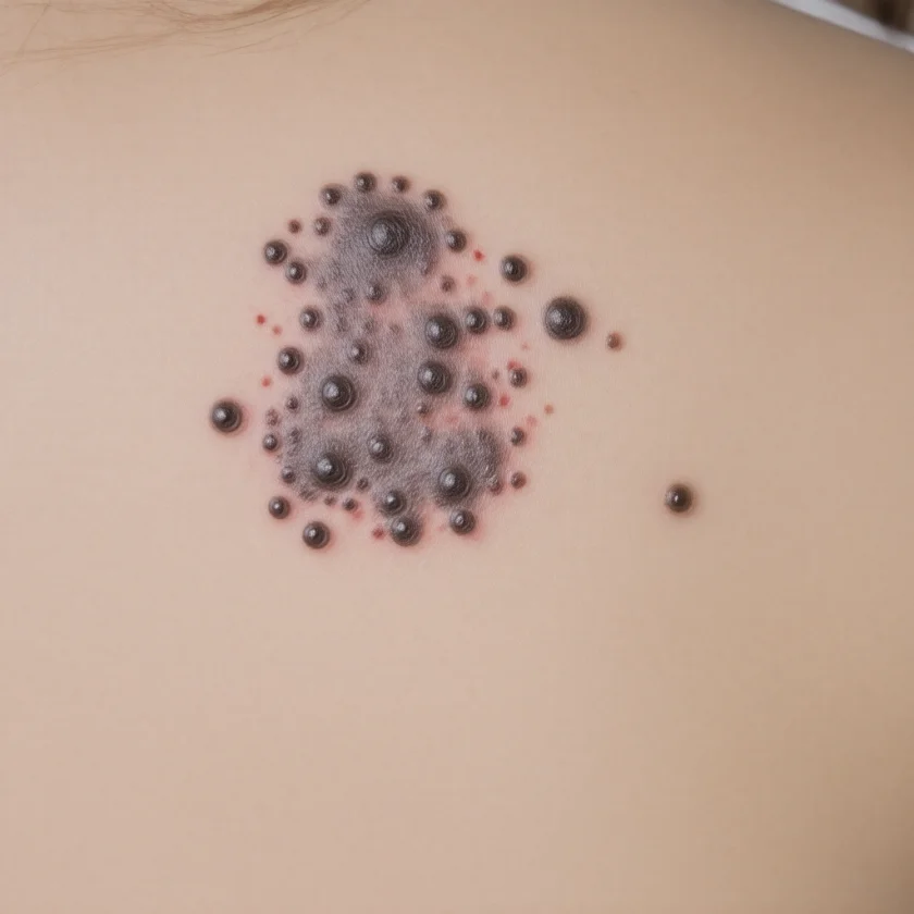 Melanoma, an irregular mole of mixed colours