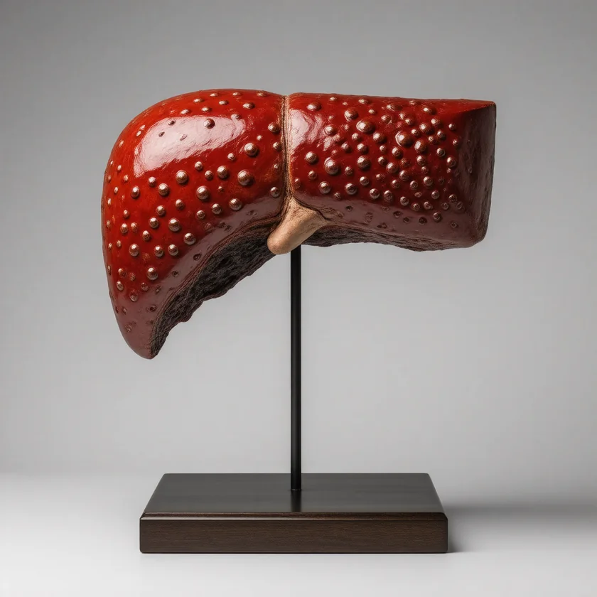 A liver model with dark nodules, where it most often spreads