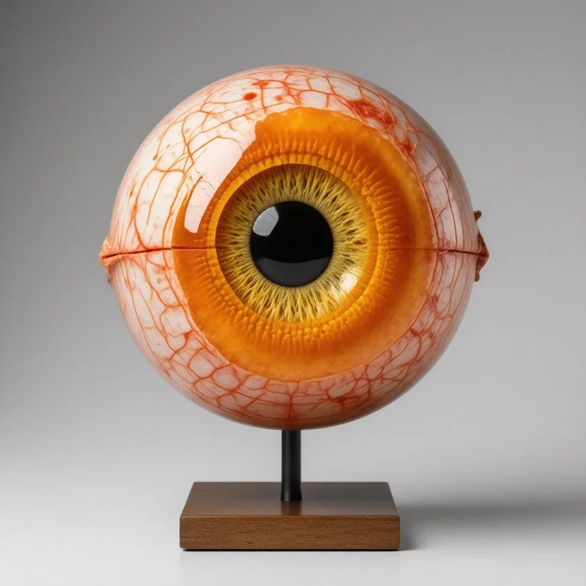An eye model with bleeds and yellow deposits