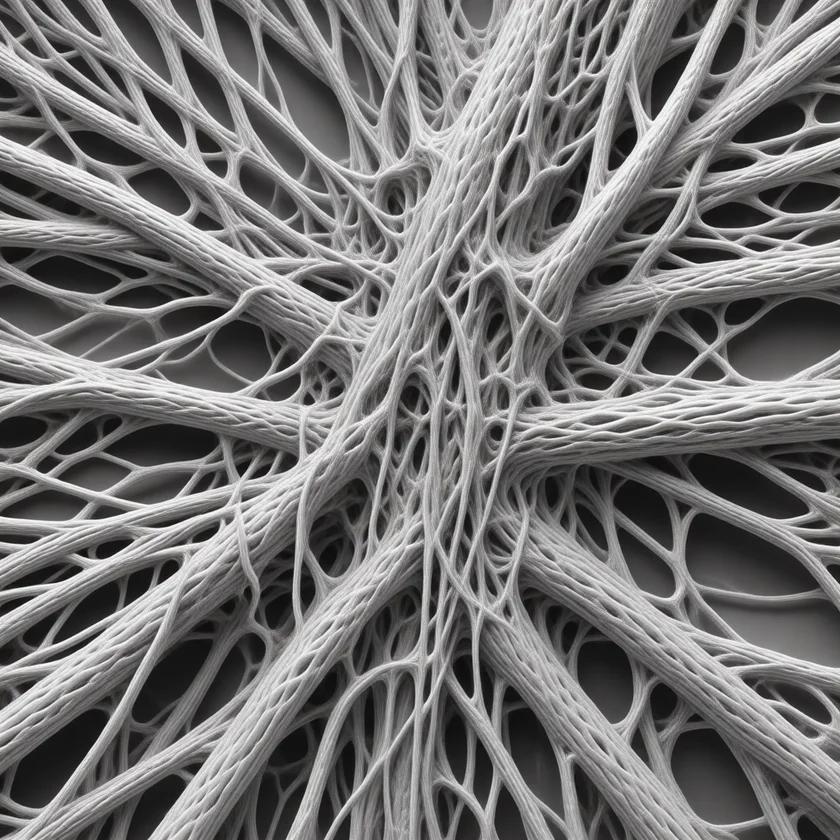 Frayed collagen fibres in a worn tendon