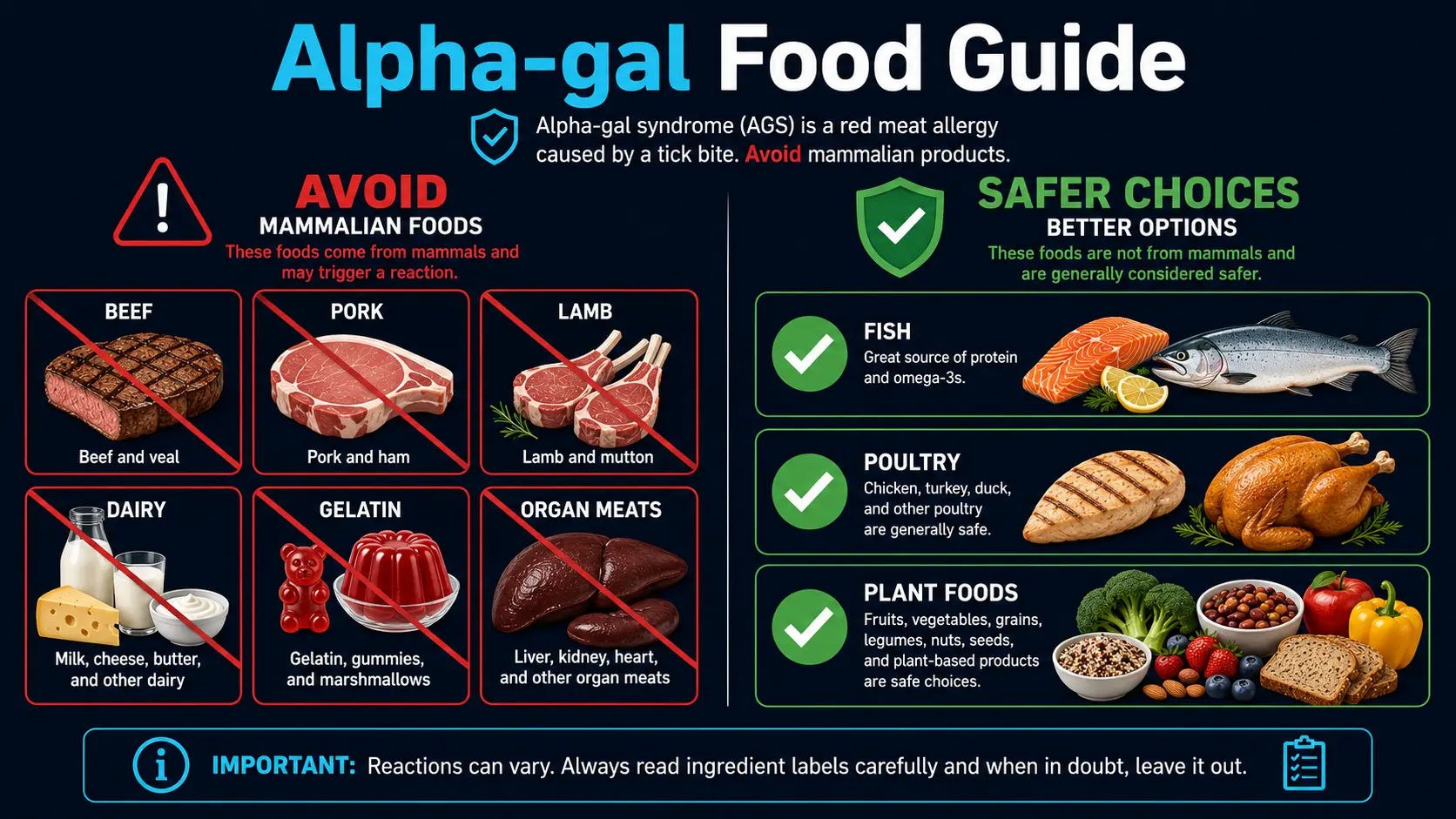 Mammalian foods avoidance grid for alpha-gal syndrome