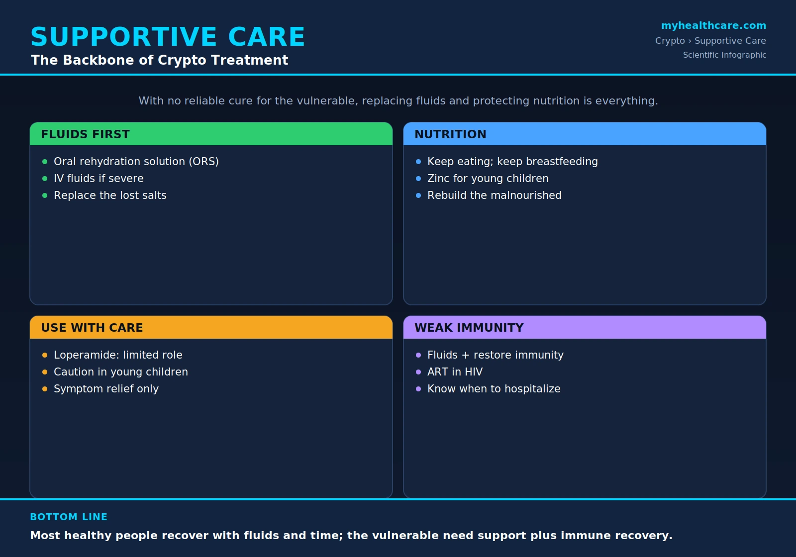 Cryptosporidiosis supportive care and rehydration — scientific infographic poster