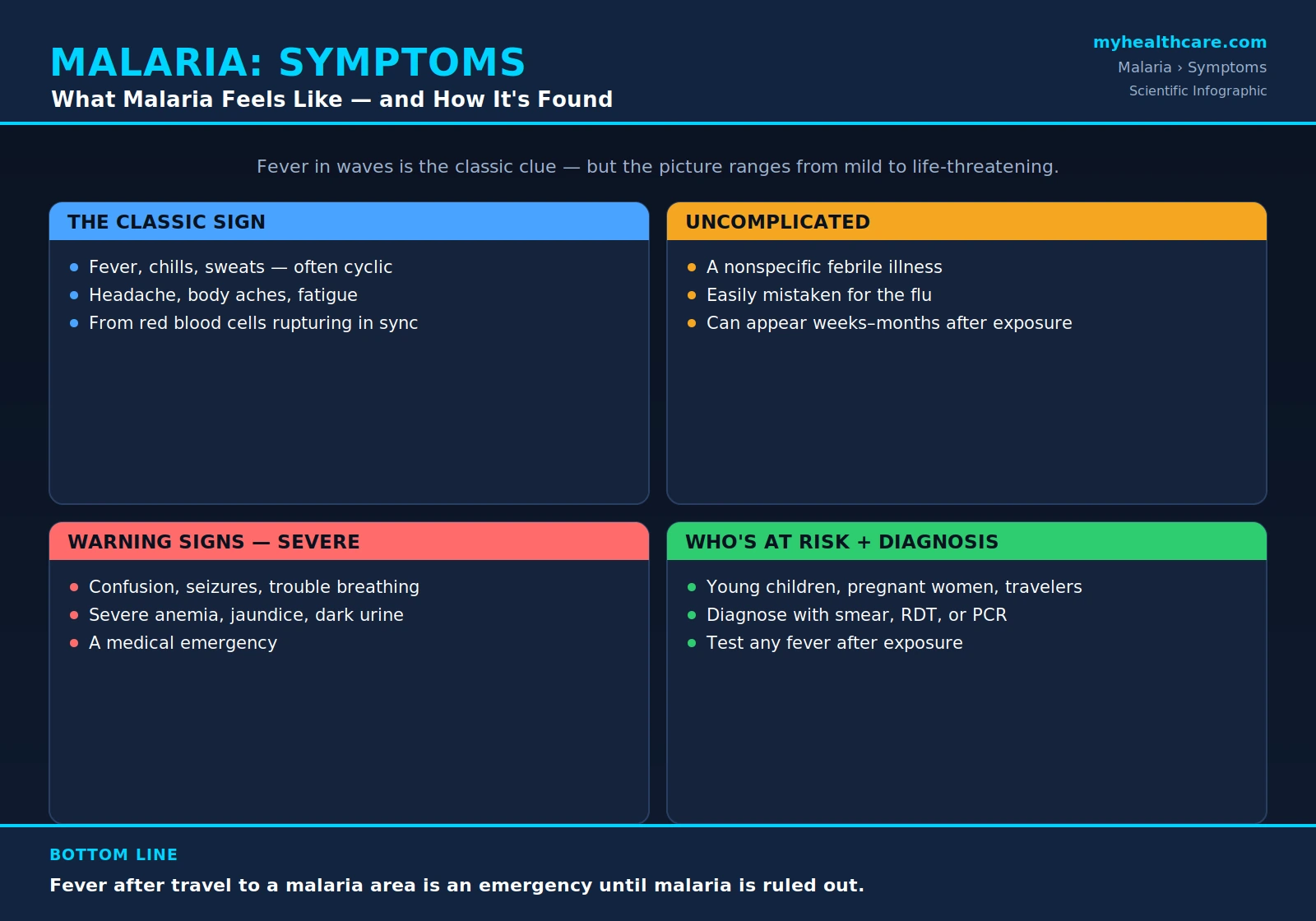 Malaria symptoms and diagnosis — scientific infographic poster