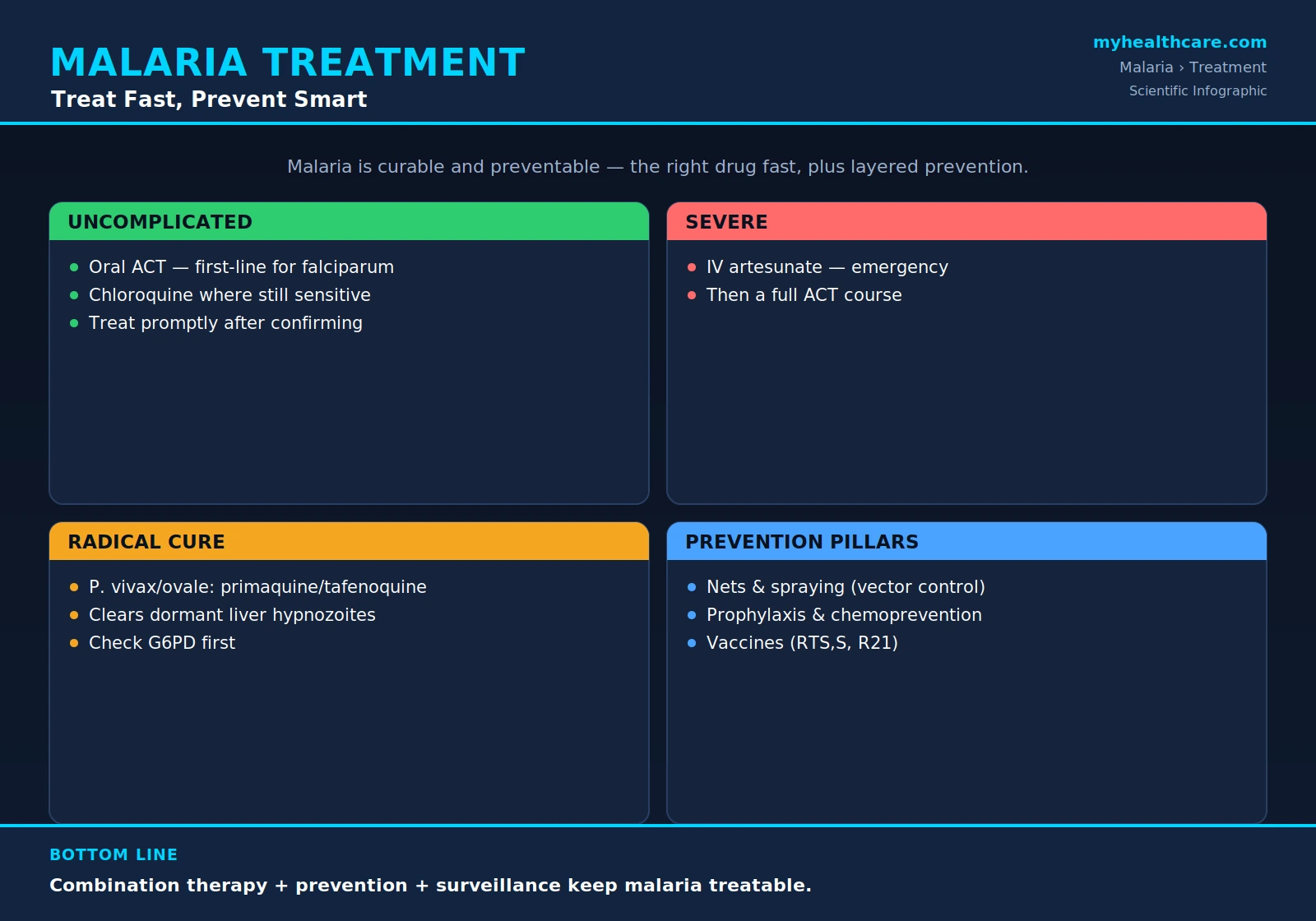 Malaria treatment and prevention — scientific infographic poster