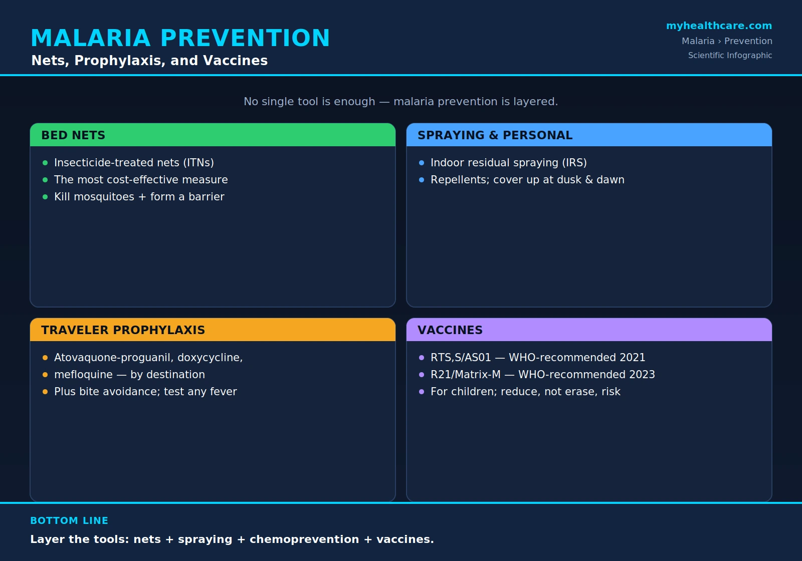 Malaria prevention — scientific infographic poster