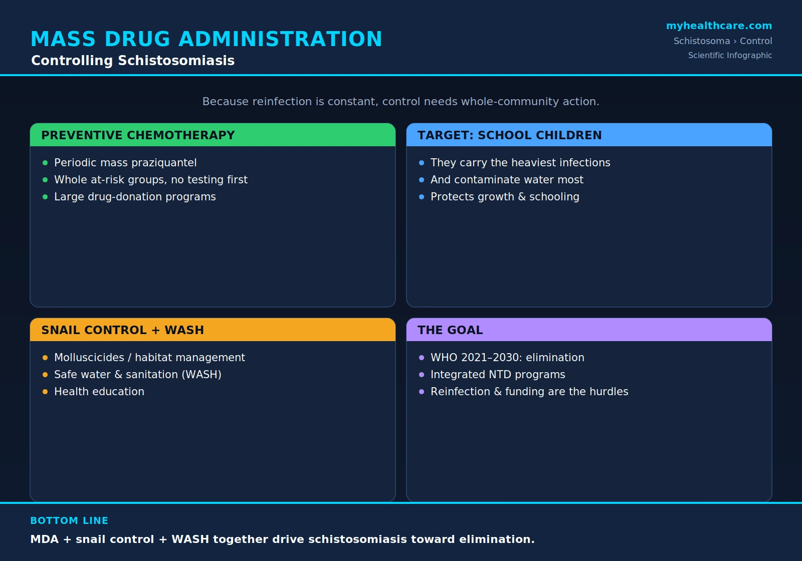 Mass drug administration and schistosomiasis control — scientific infographic poster