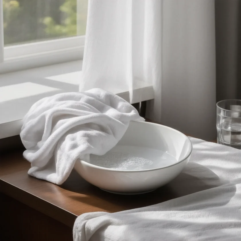 A cool cloth and a glass of water at a bedside