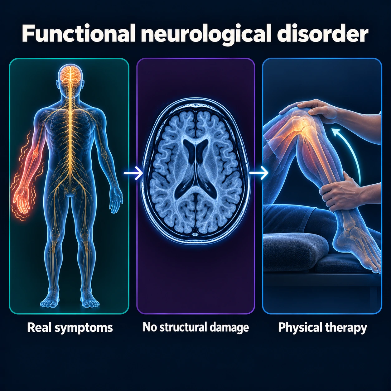 Infographic: real symptoms, no structural damage, physical therapy