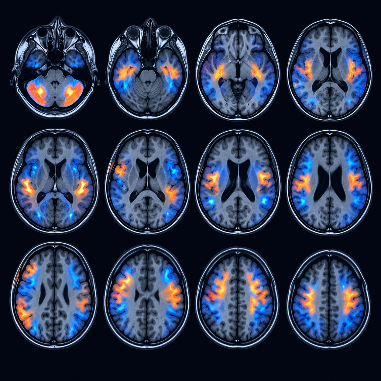 Normal brain scan slices with faint activity overlays