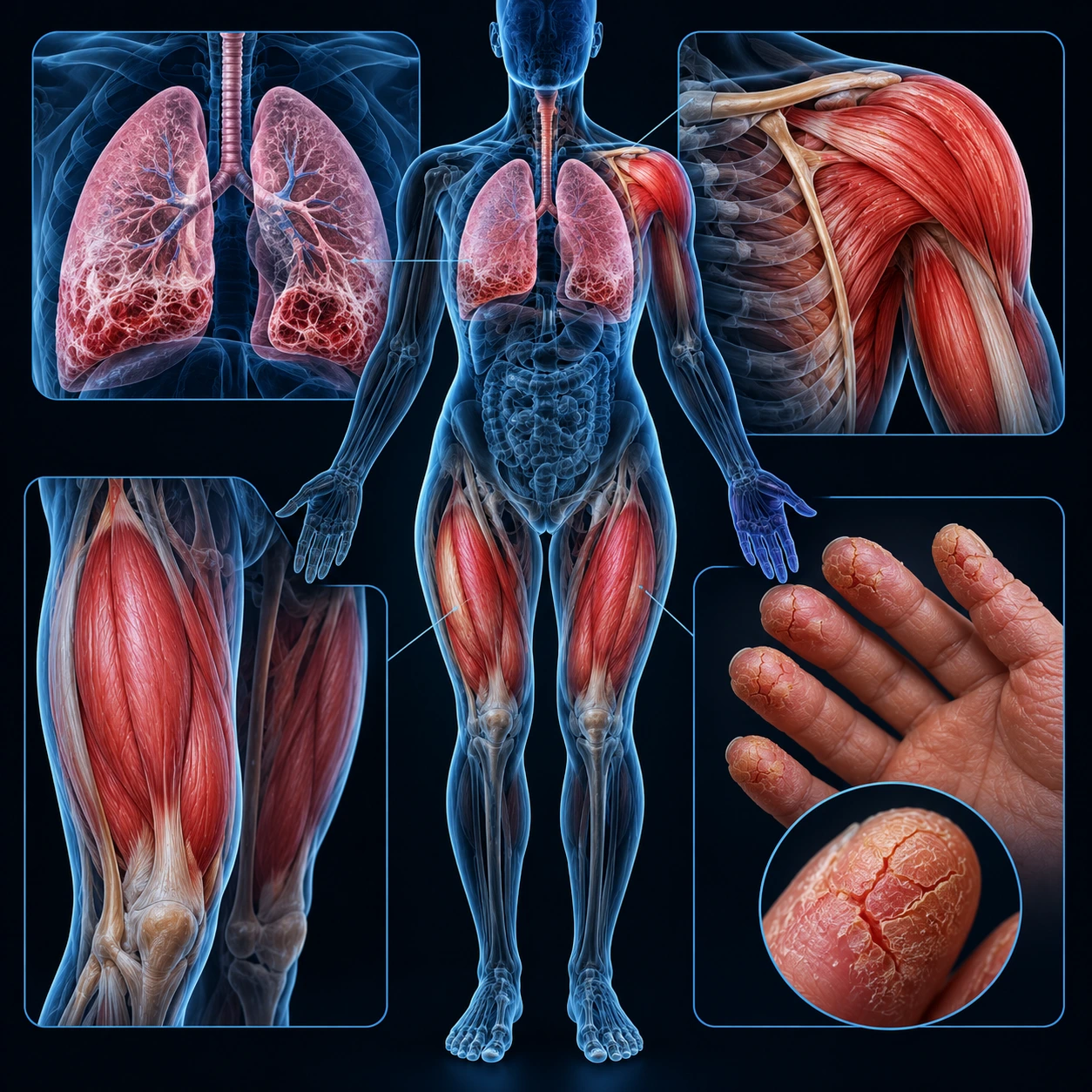 Body outline highlighting muscles, lungs and hands